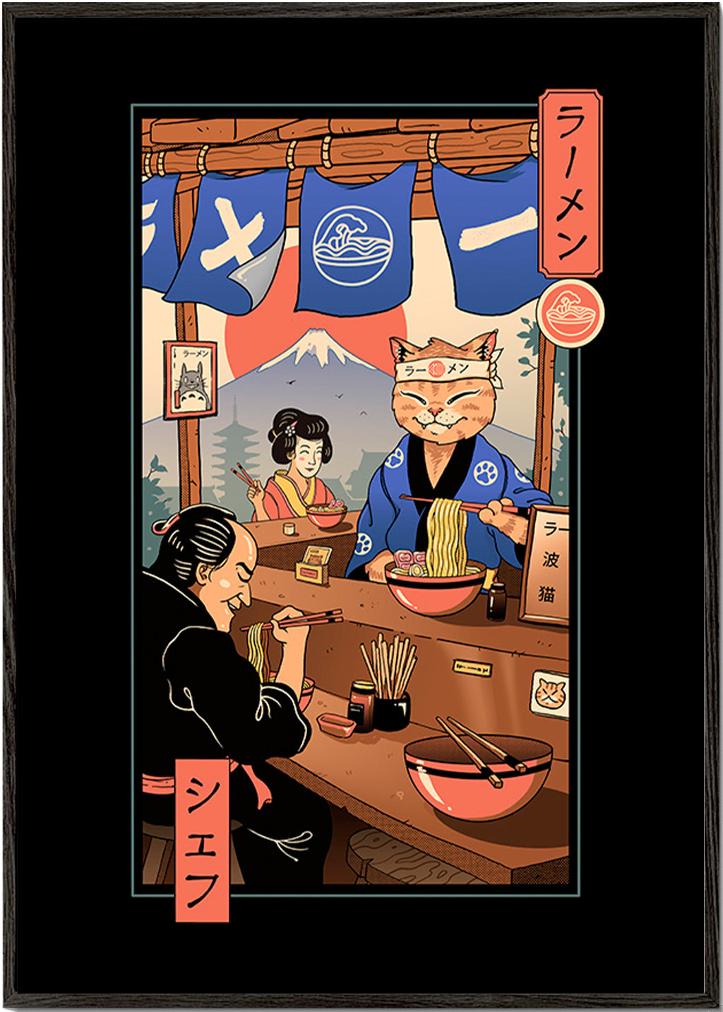 Cuadro de cocina Ramen Meowster, gato cocinero ilustrado – Black Frame