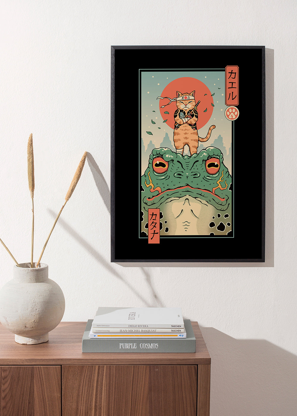 Cuadro gato samurái sobre rana ilustrada – Product1