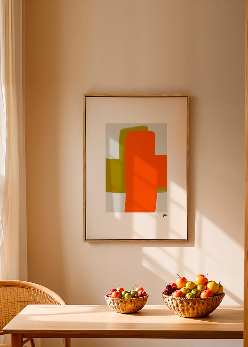 Cuadro abstracto naranja y verde con formas verticales – Canvas2