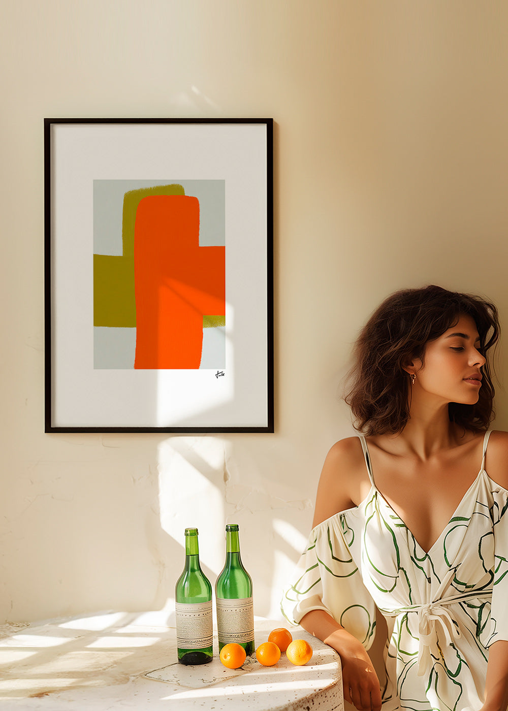 Cuadro abstracto naranja y verde con formas verticales – Product1