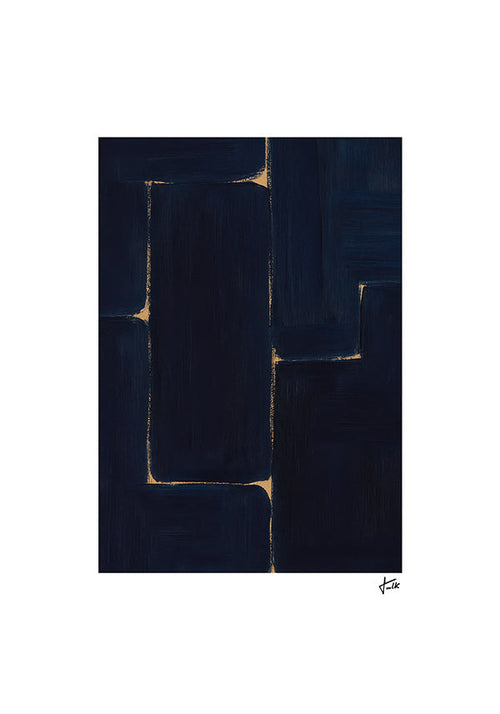 Cuadro abstracto azul profundo con vetas doradas