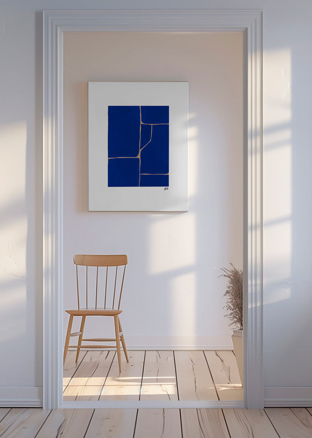 Cuadro geométrico azul con juntas claras – Canvas