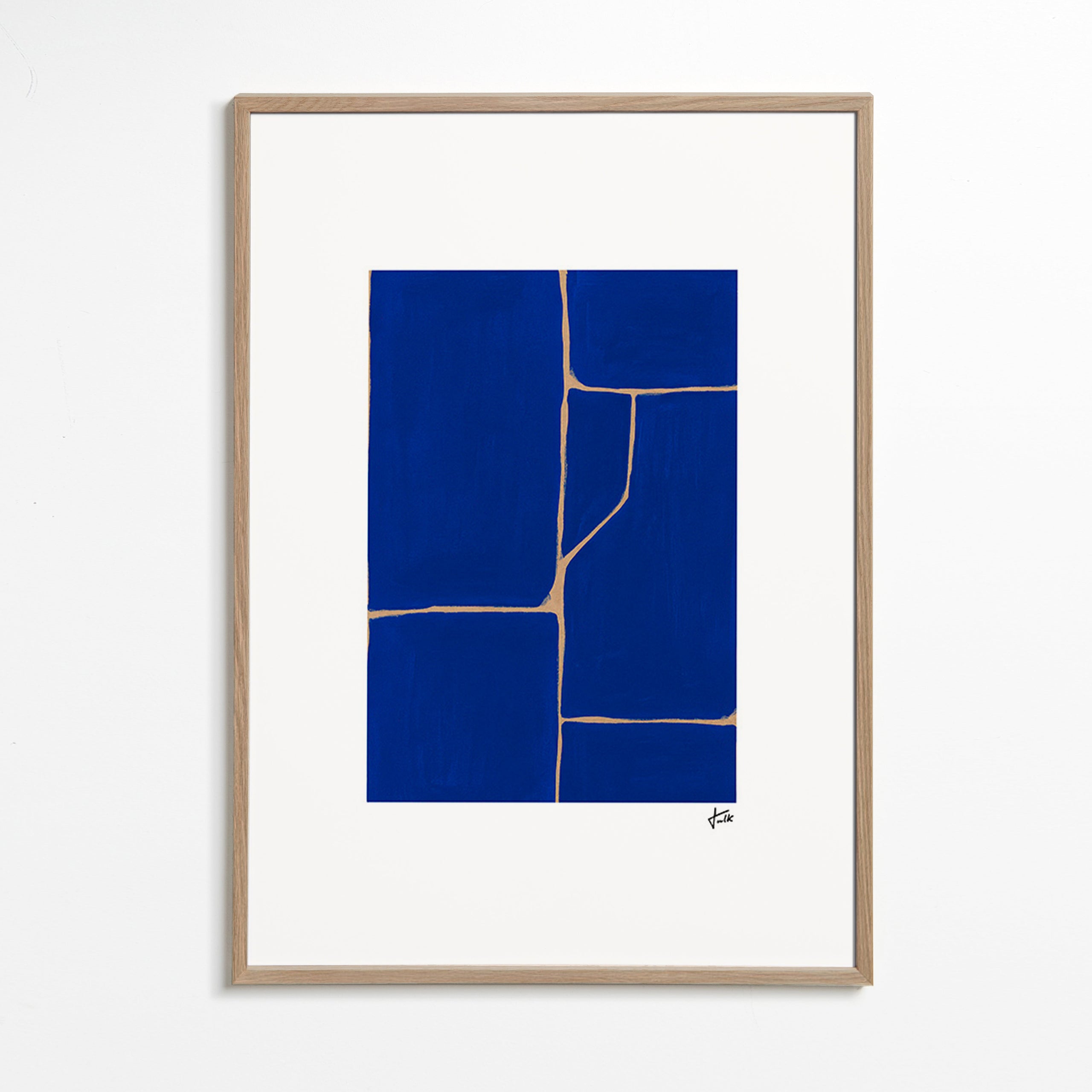 Cuadro geométrico azul con juntas claras – Oak Frame