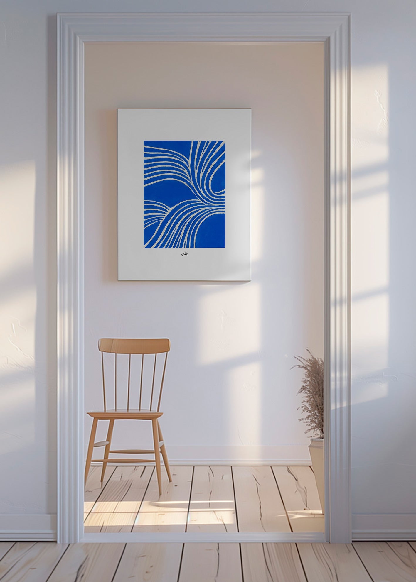 Cuadro abstracto azul con líneas ondulantes – Canvas