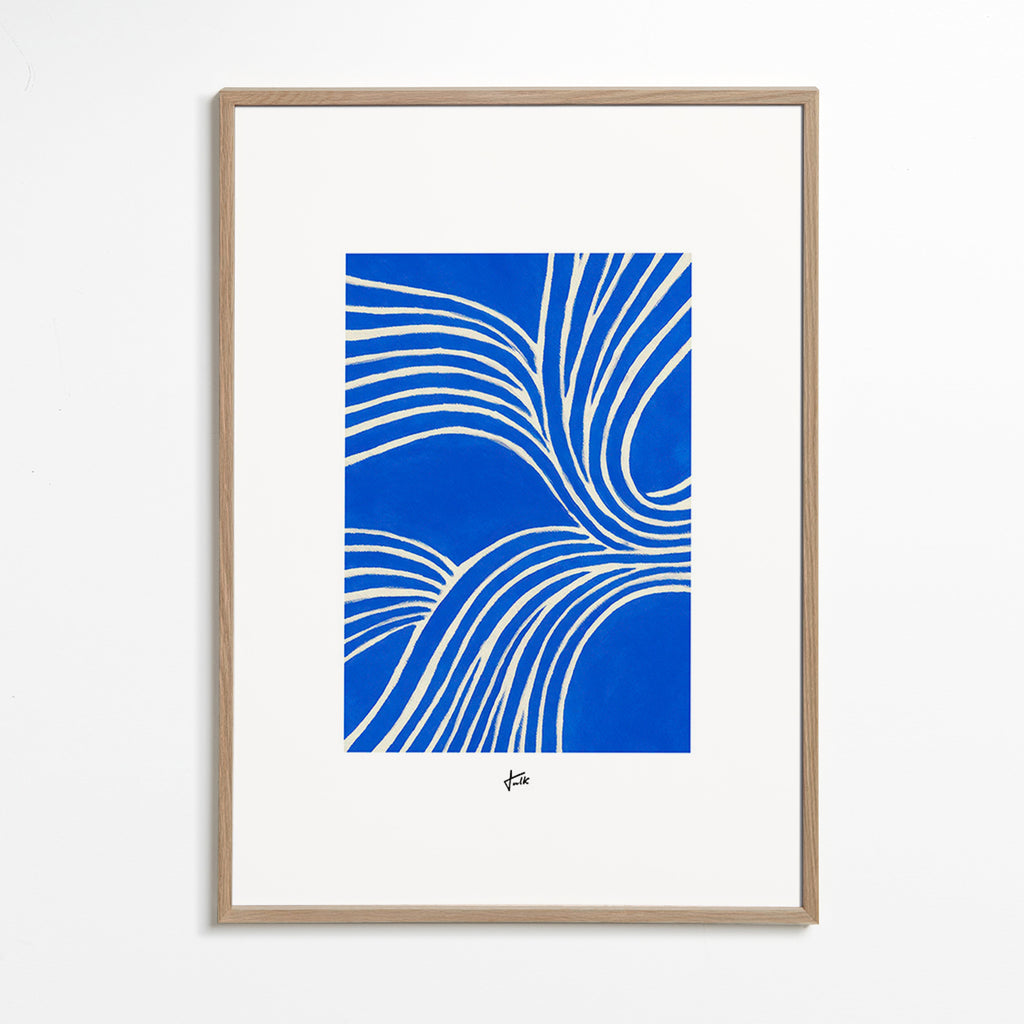 Cuadro abstracto azul con líneas ondulantes – Oak Frame