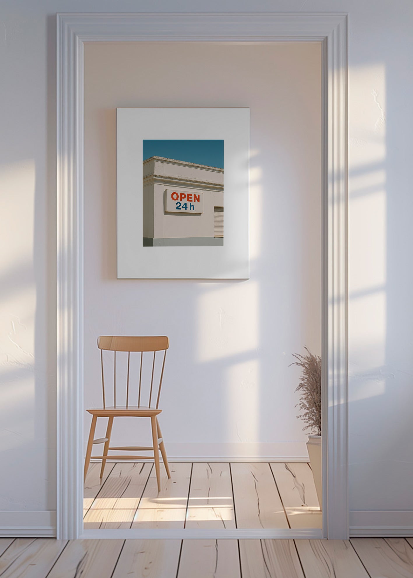 Cuadro minimalista fachada con rótulo OPEN 24h – Canvas