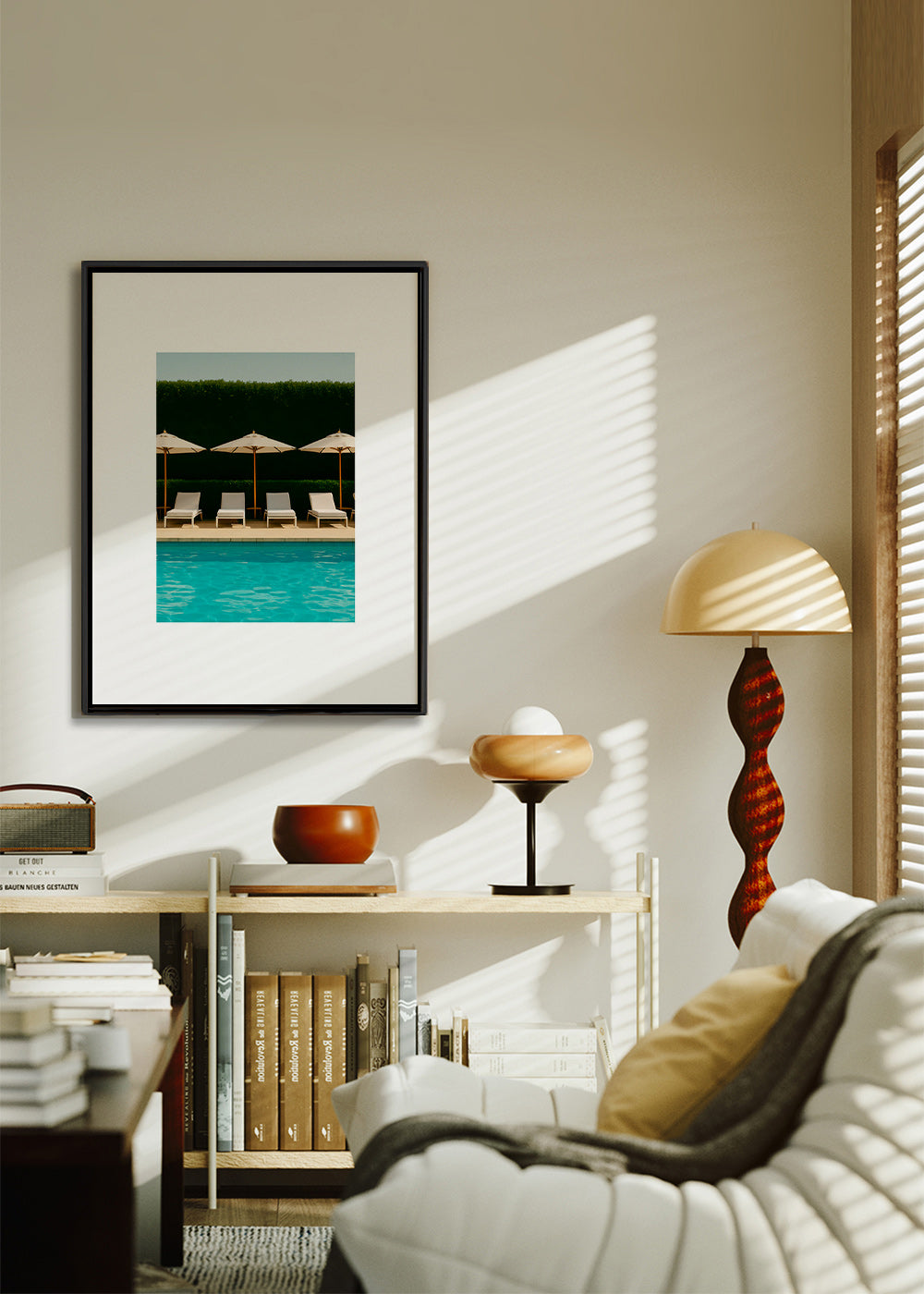 Fotografía de piscina con sombrillas y líneas limpias – Canvas1