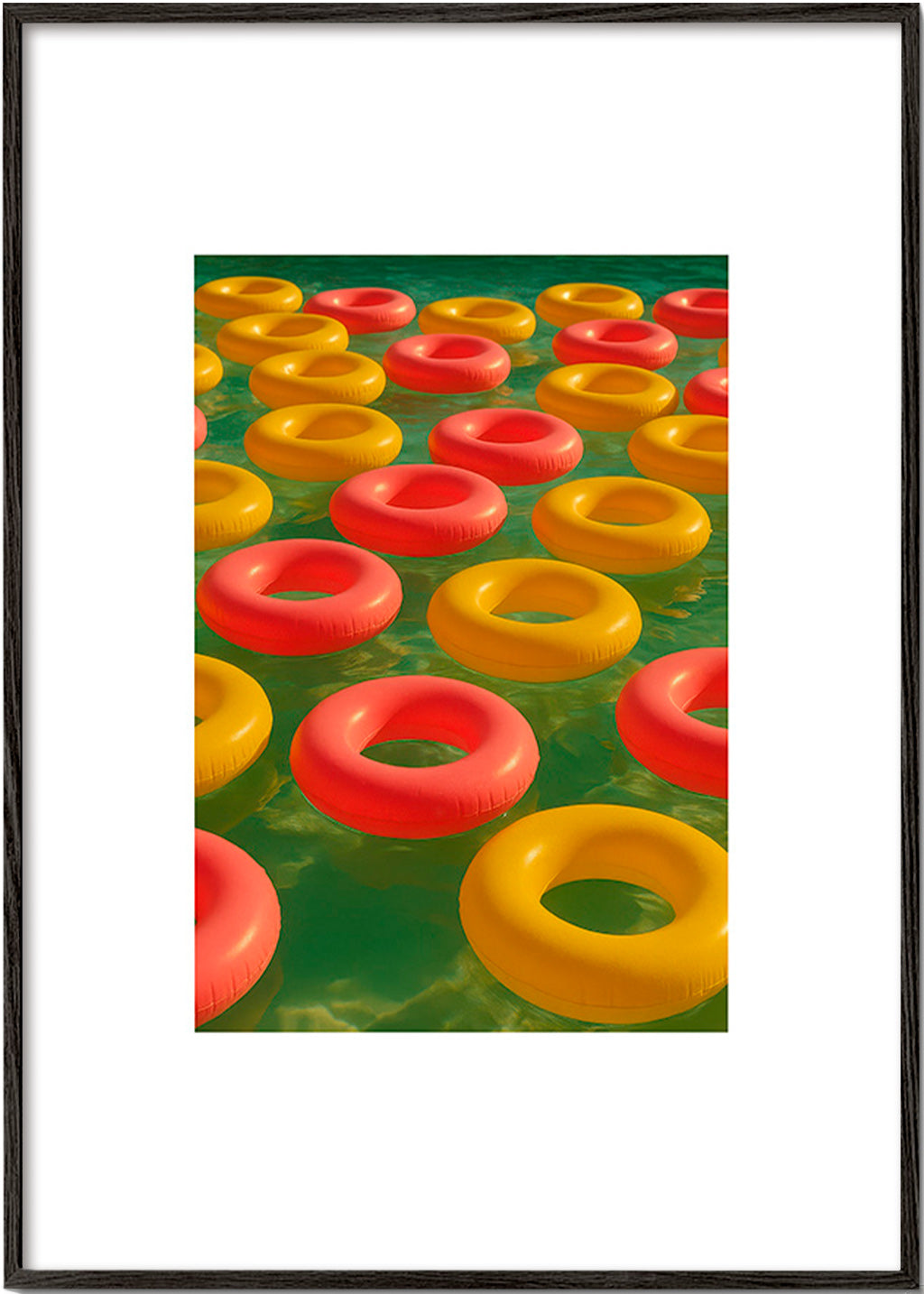 Cuadro geométrico con anillos flotantes rojos y amarillos – Black Frame