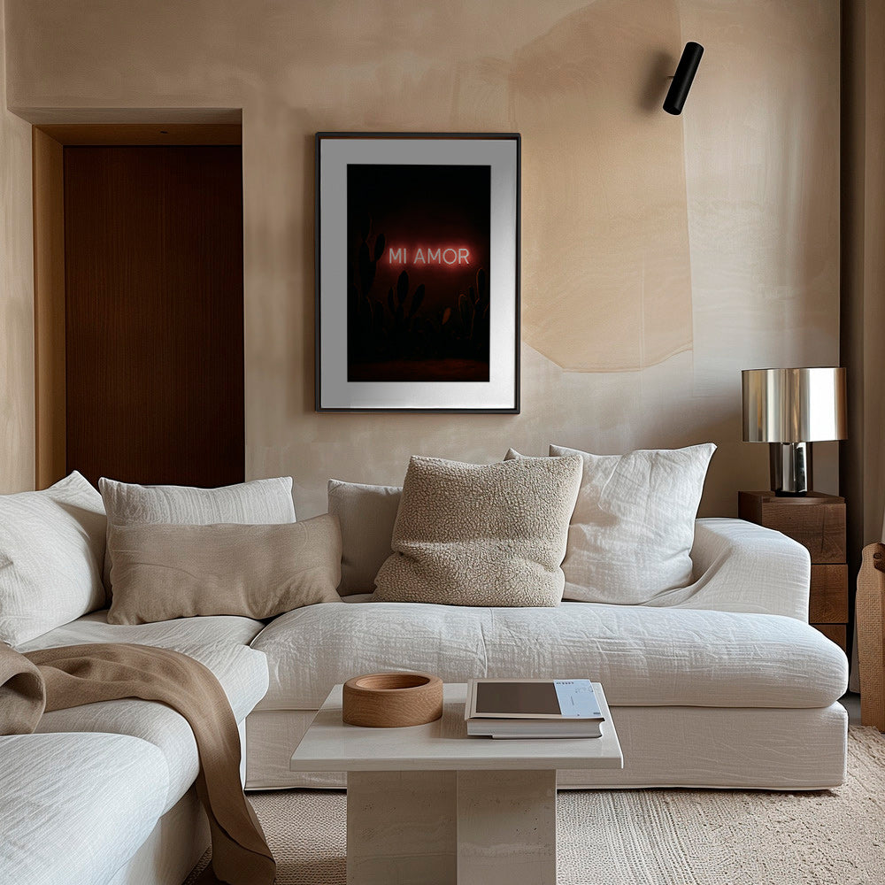 Fotografía artística: letrero neón "Mi Amor" sobre cactus – Canvas1