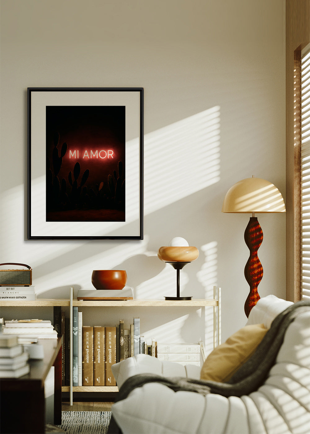 Fotografía artística: letrero neón "Mi Amor" sobre cactus – Canvas2