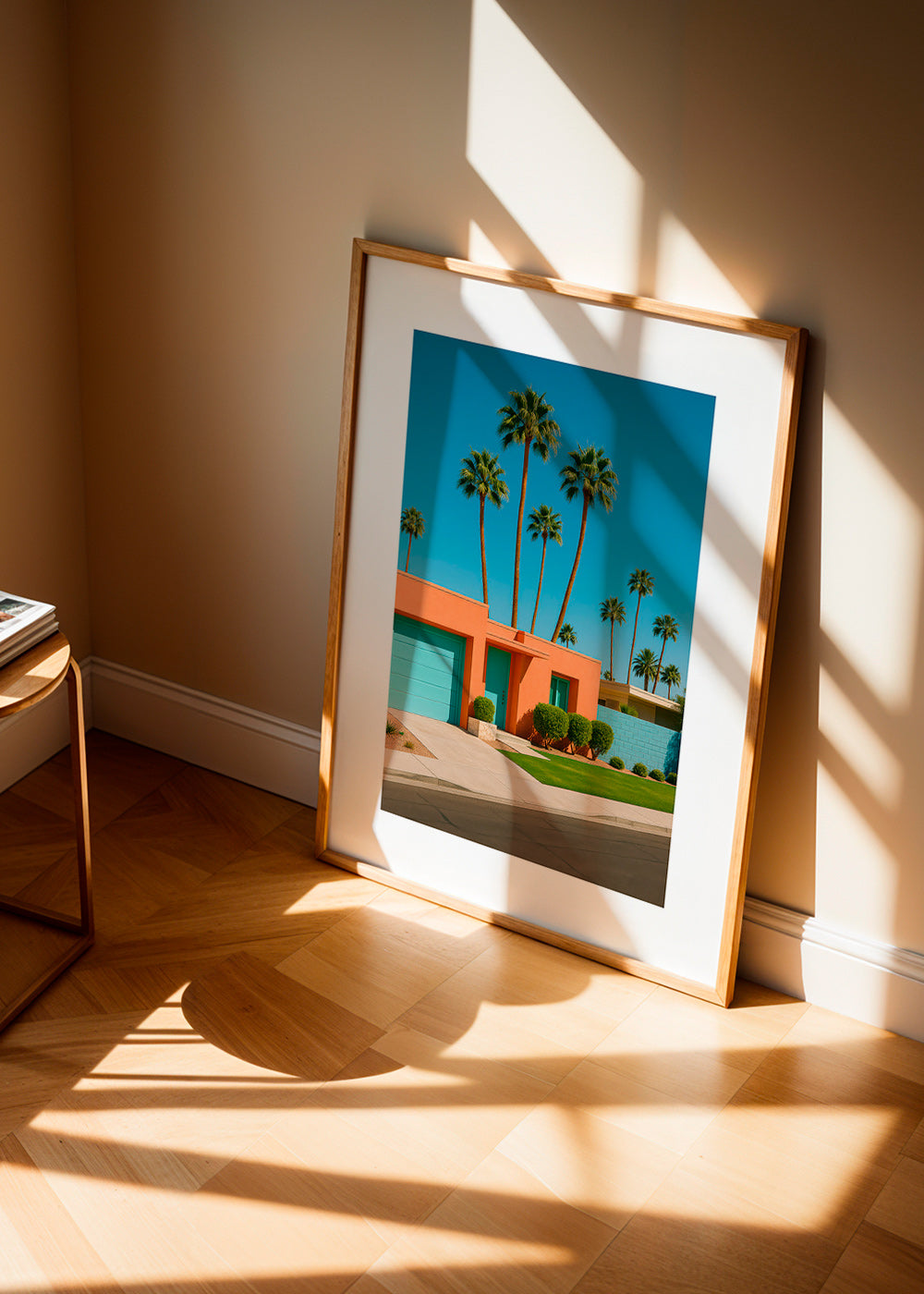 Lámina botánica Palm House con palmeras y fachada coral – Product2