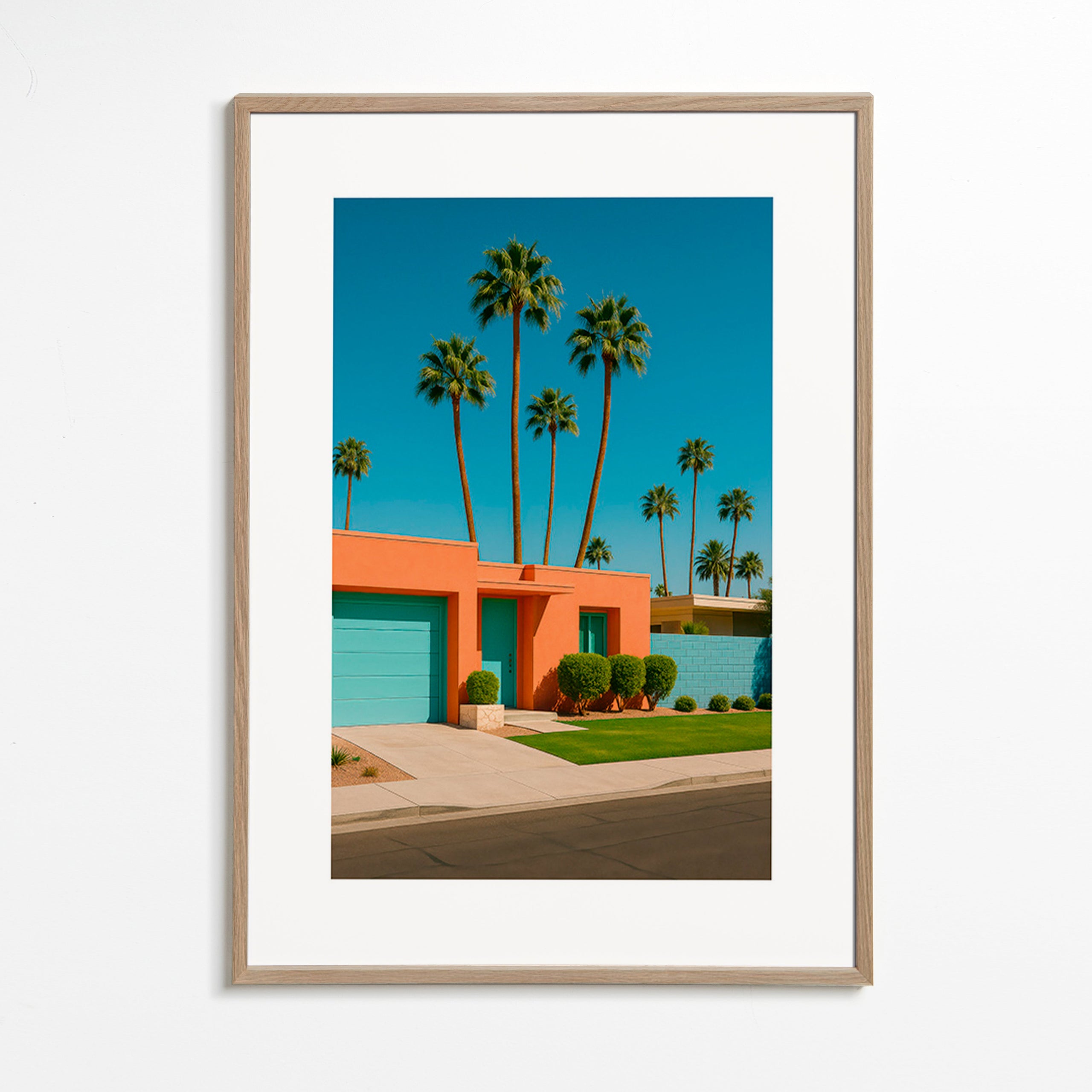 Lámina botánica Palm House con palmeras y fachada coral – Oak Frame