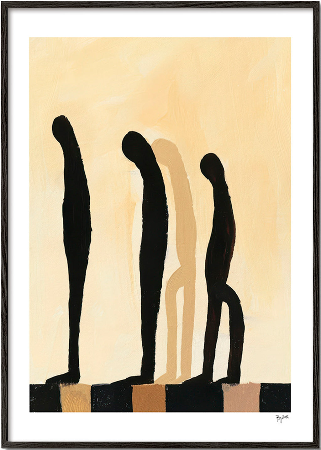 Cuadro abstracto de figuras alargadas sobre beige – Black Frame