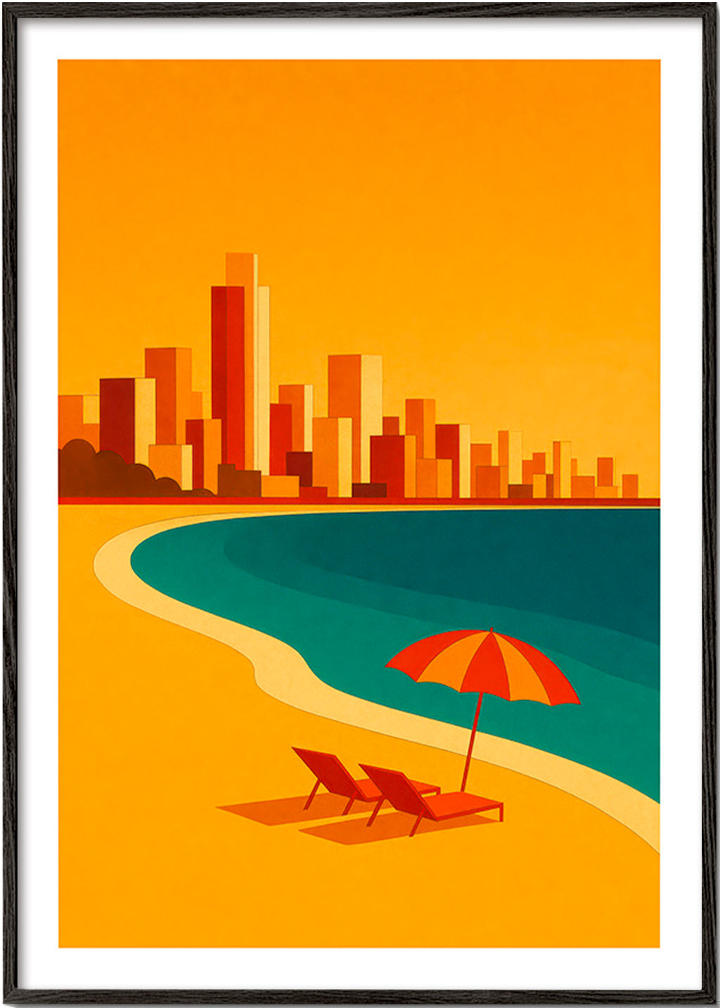 Cuadro de ciudades: playa con sombrilla retro – Black Frame