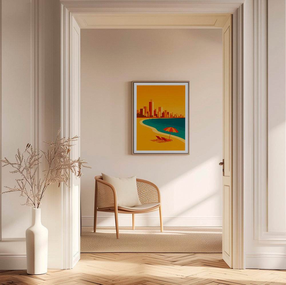 Cuadro de ciudades: playa con sombrilla retro – Canvas2