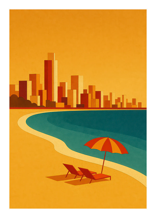 Cuadro de ciudades: playa con sombrilla retro