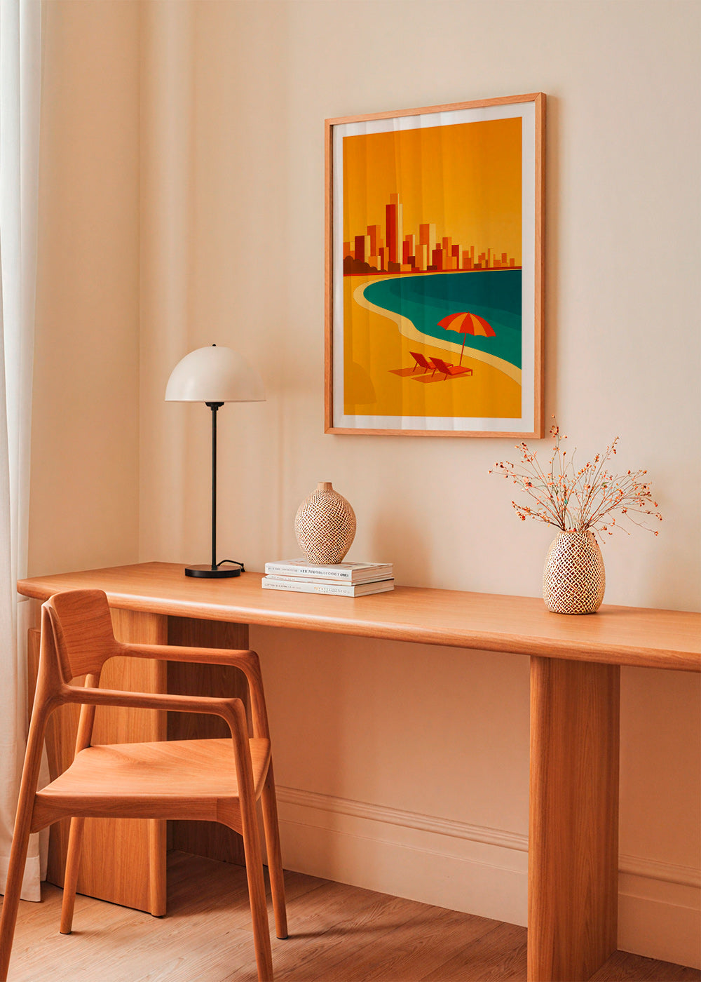 Cuadro de ciudades: playa con sombrilla retro – Product1