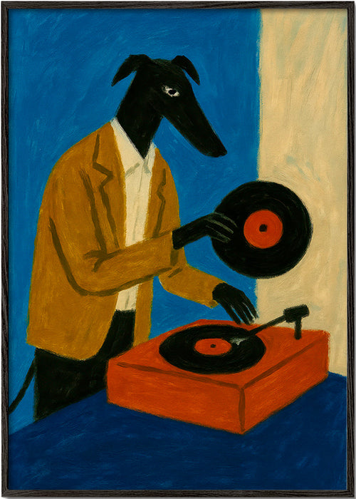 Ilustración de DJ perro con vinilo – Black Frame
