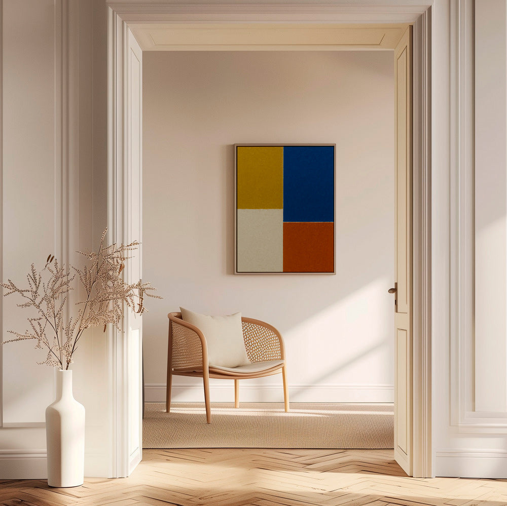 Cuadro abstracto de bloques mostaza y azul – Canvas1