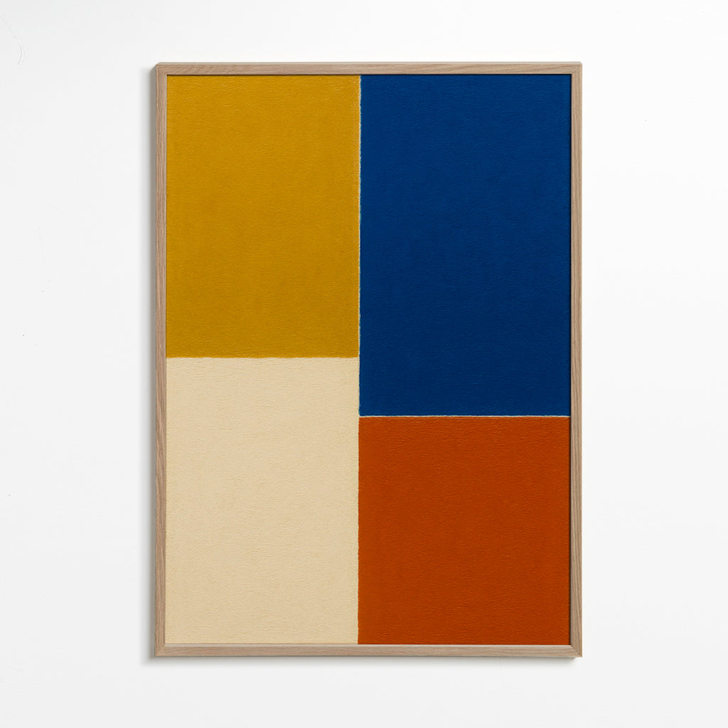 Cuadro abstracto de bloques mostaza y azul – Oak Frame