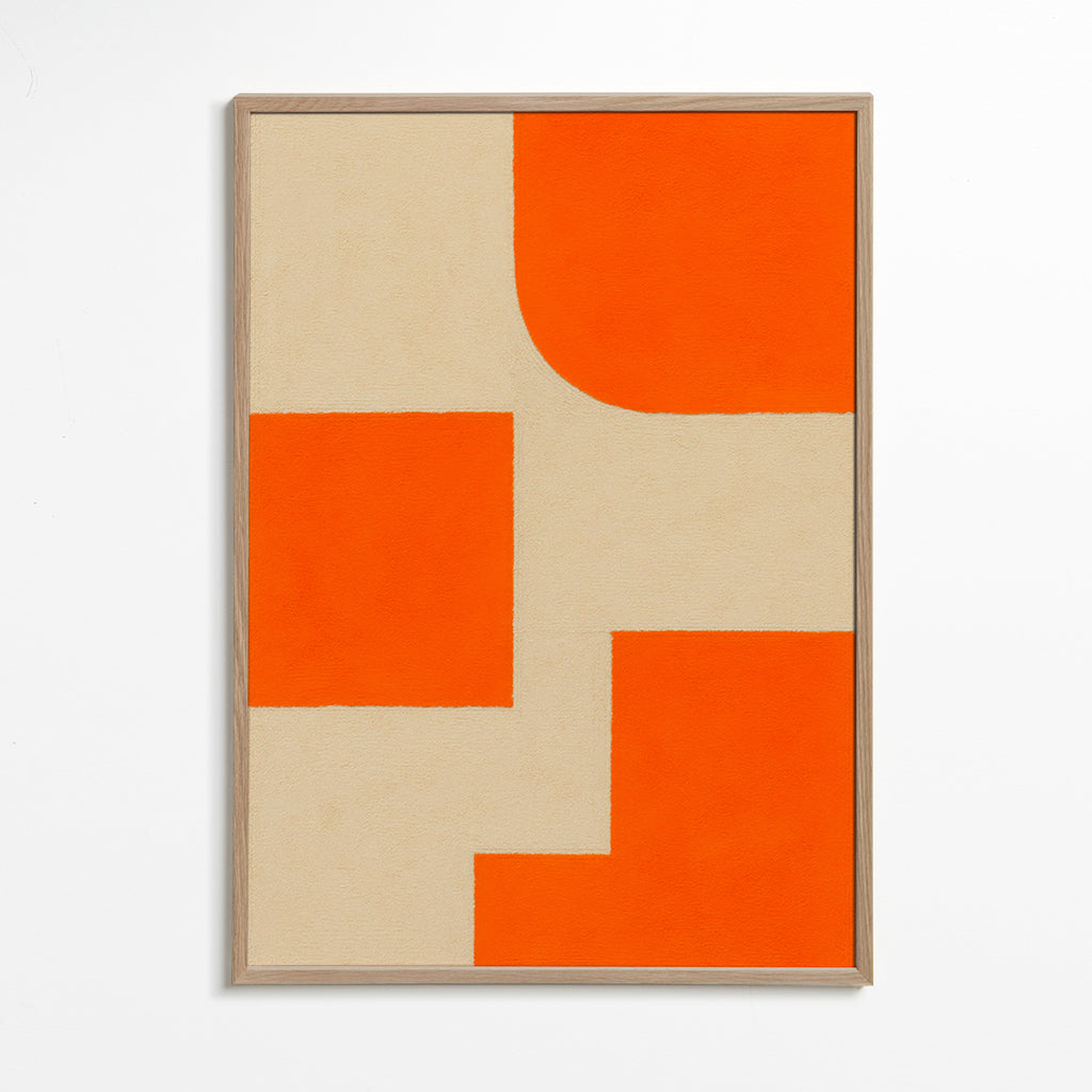 Cuadro geométrico en naranja y beige con bloques modulares – Oak Frame
