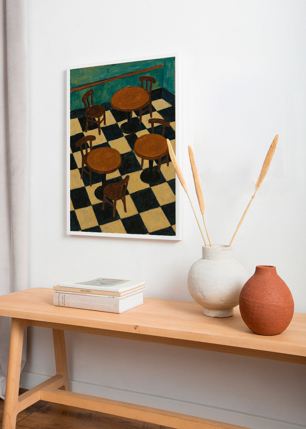 Cuadro de cocina con mesas bistró y suelo ajedrez – Product3