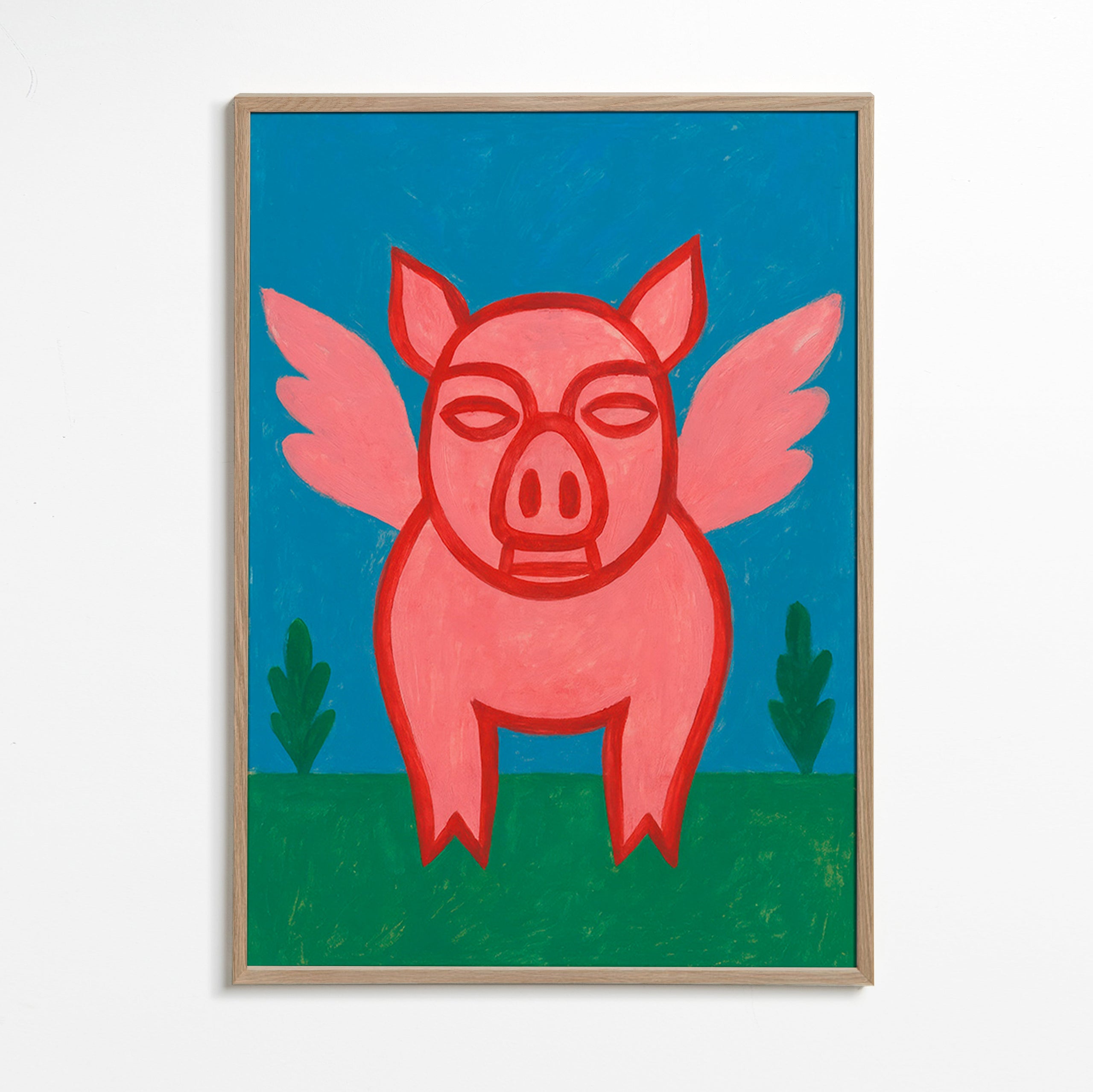 Cuadro cerdito alado en colores planos – Oak Frame
