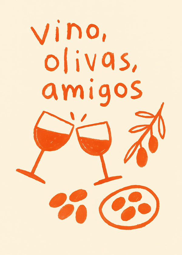 Cuadro de cocina: vino y olivas ilustradas