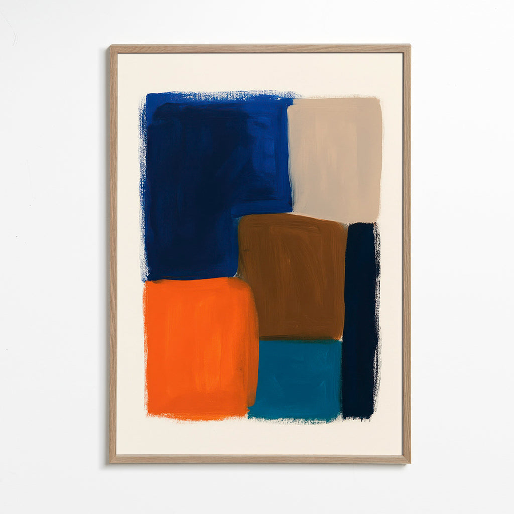 Cuadro abstracto de bloques marinos y cálidos – Oak Frame