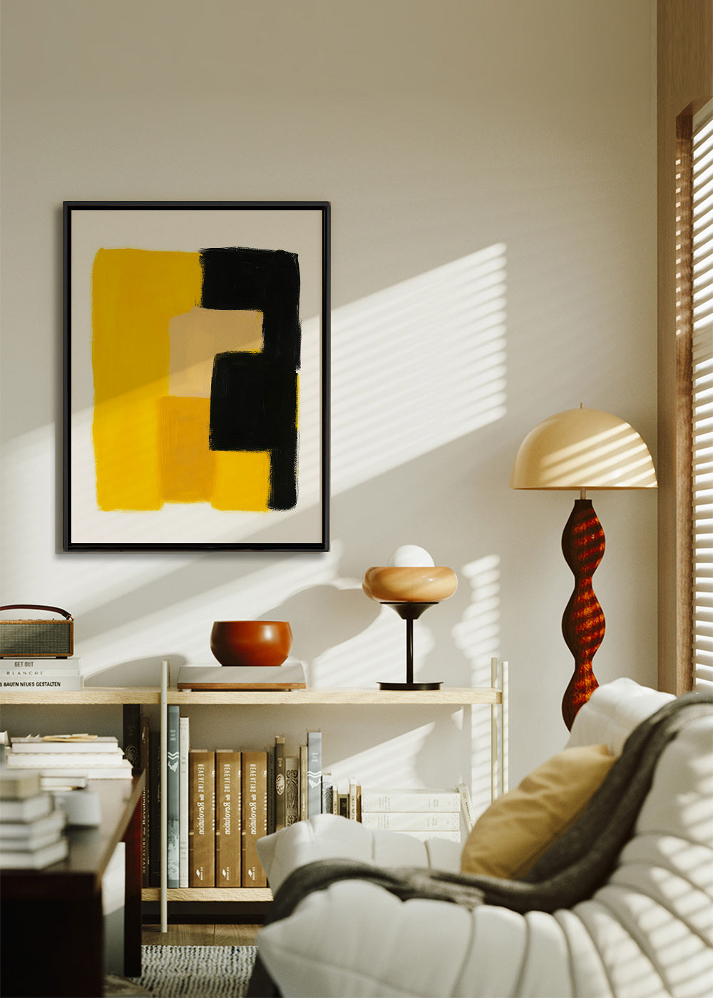 Cuadro abstracto amarillo y negro con bloques gestuales – Canvas1