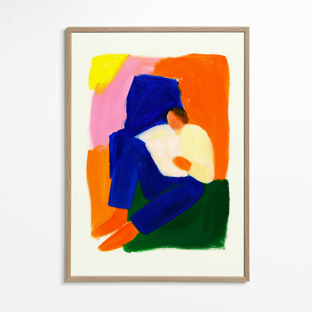 Ilustración de figura sentada en colores vibrantes – Oak Frame