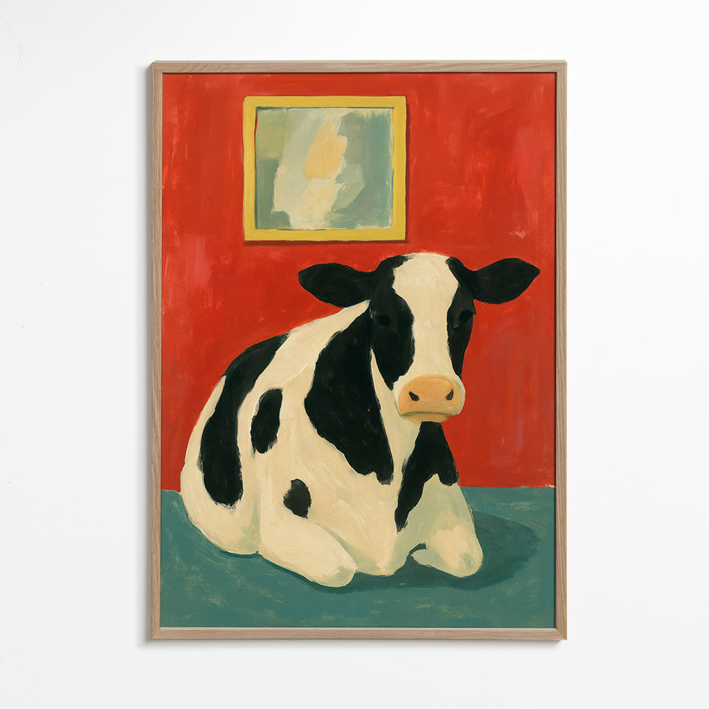 Cuadro vaca reposando en fondo rojo – Oak Frame