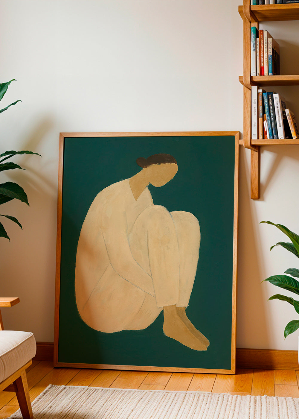 Cuadro minimalista de figura sentada sobre fondo verde – Product1