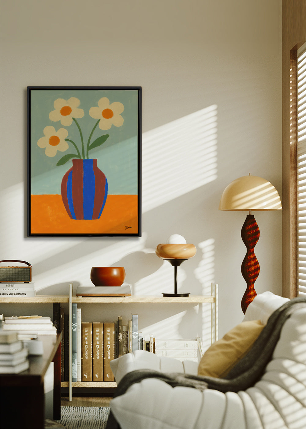 Blue Striped Vase - Framed canvas in an interior