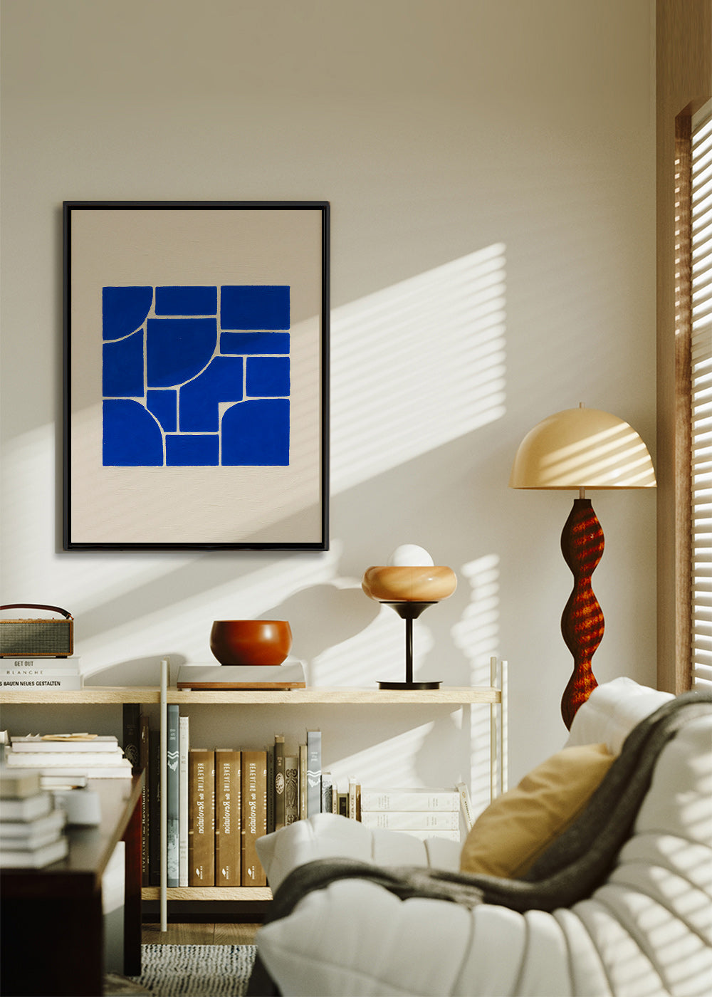 Cuadro geométrico azul con bloques centrales – Canvas1