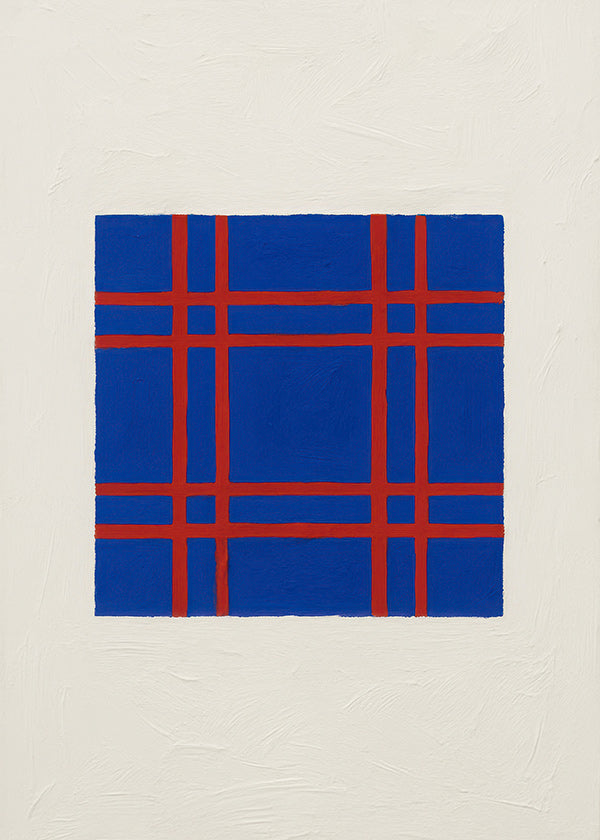 Cuadro geométrico azul con trama roja