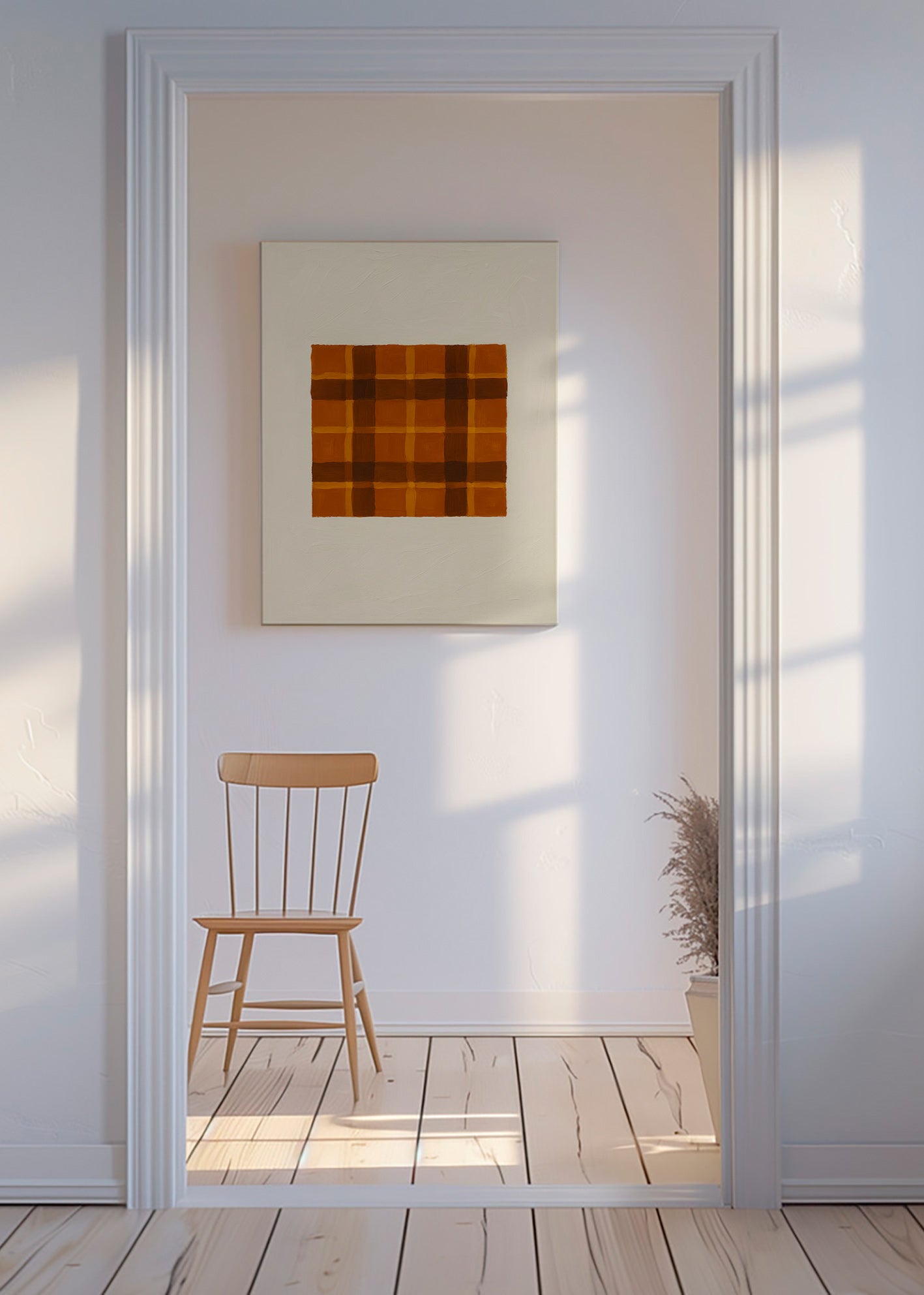 Cuadro geométrico ocre con panel central – Canvas