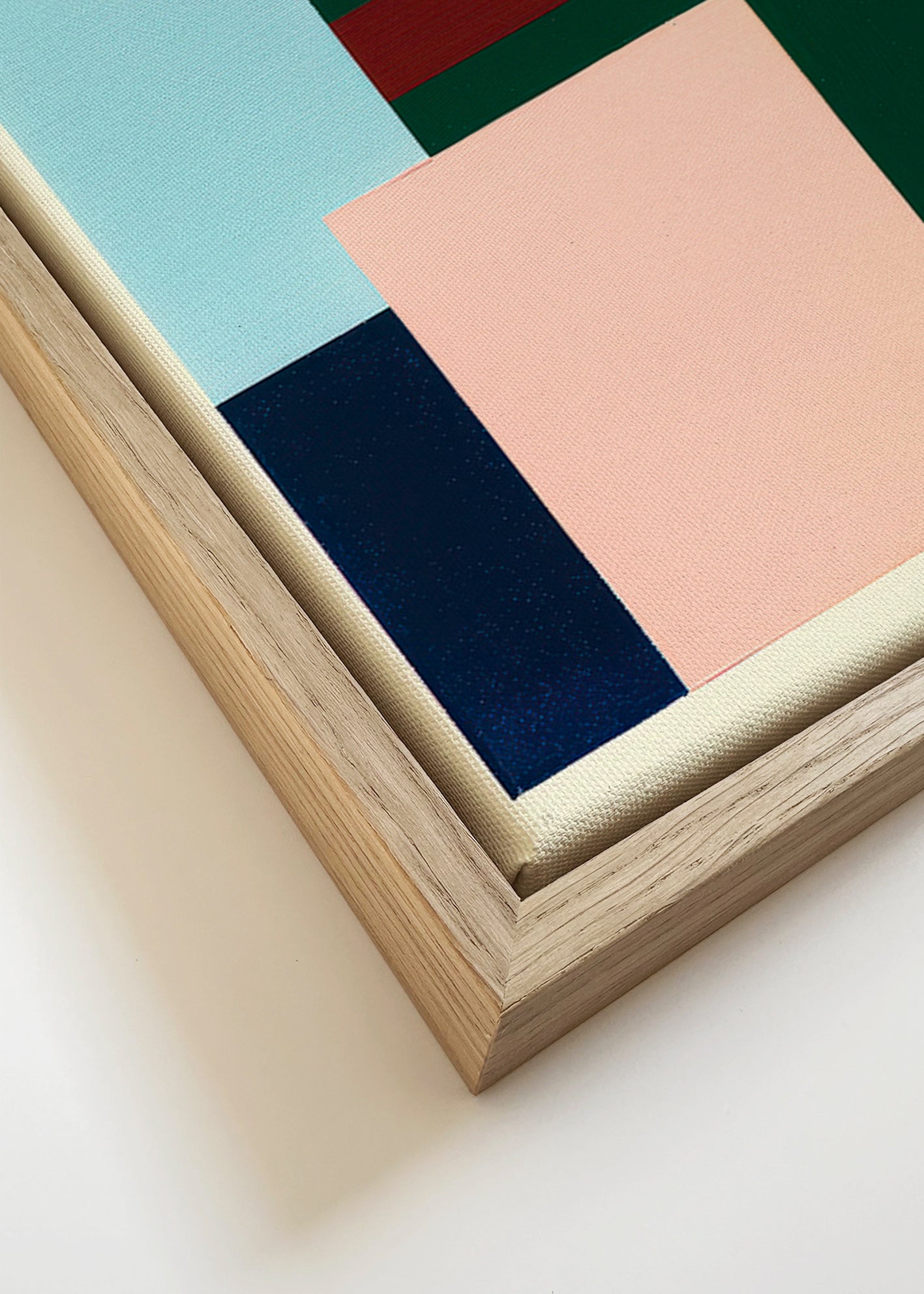 Cuadro geométrico de bloques: verde profundo y rosa suave – Canvas detail