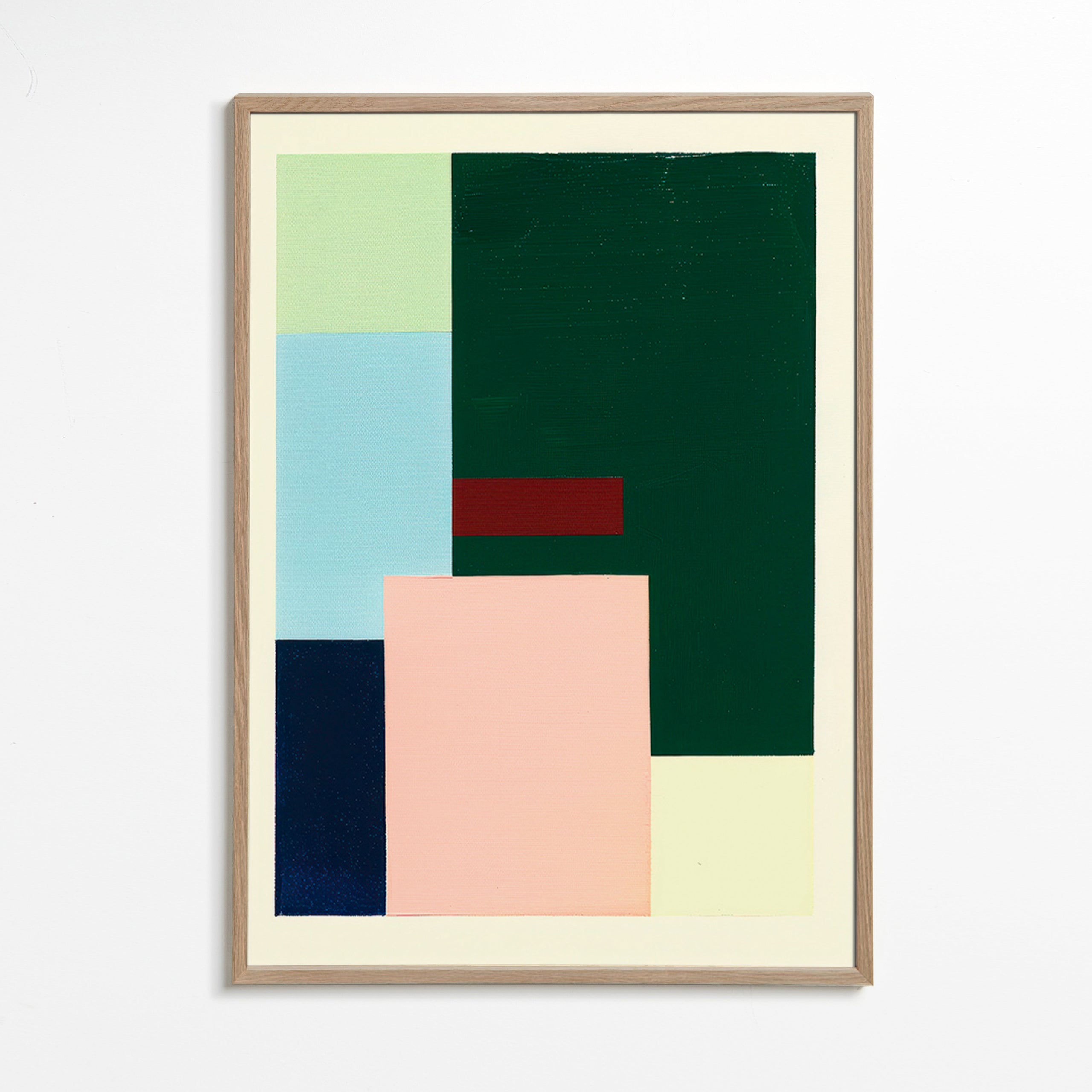 Cuadro geométrico de bloques: verde profundo y rosa suave – Oak Frame