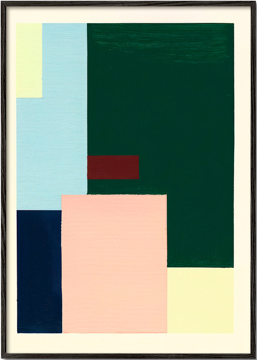 Cuadro geométrico: bloques pastel y verde profundo – Black Frame