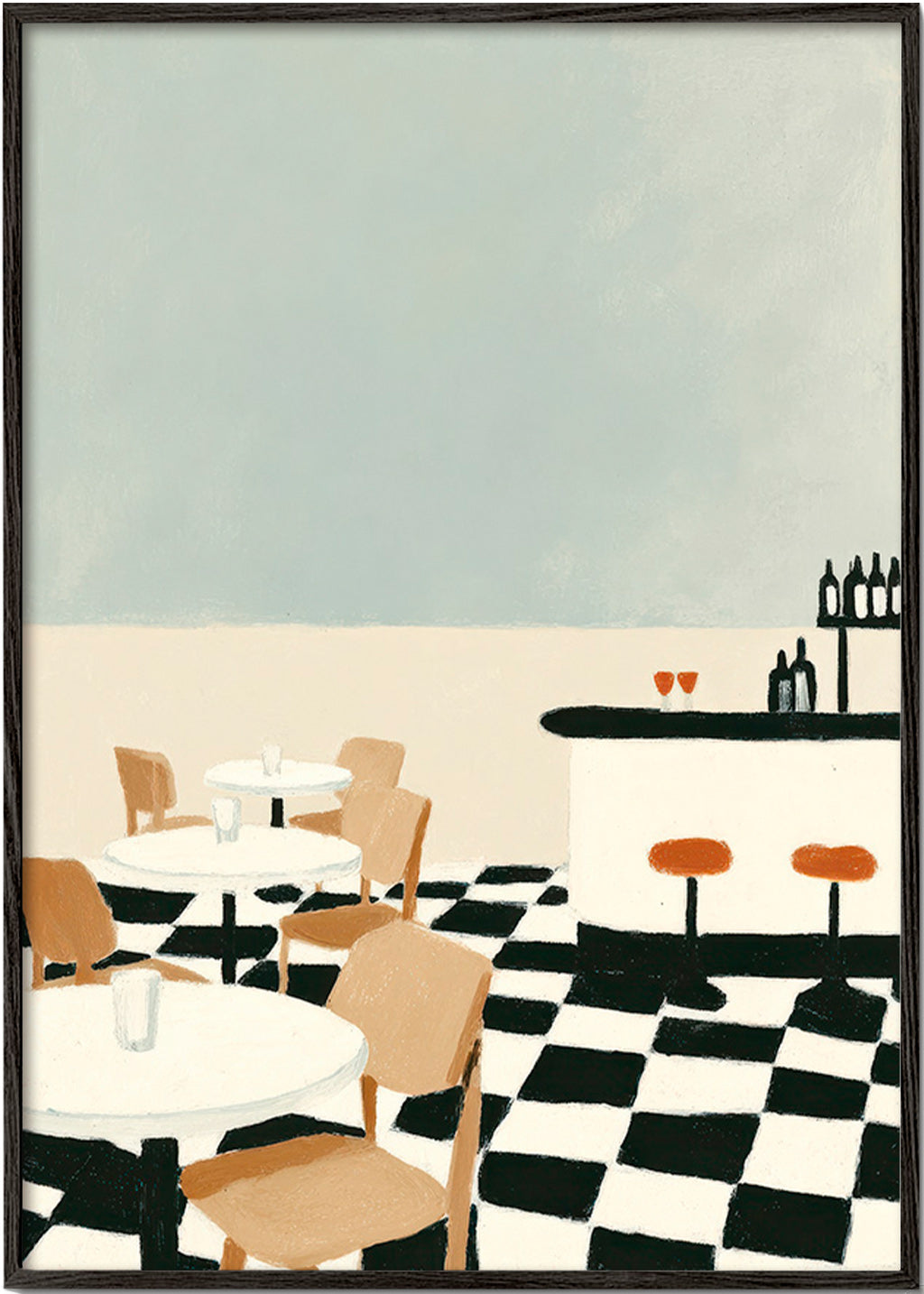 Cuadro de cocina con suelo ajedrezado y barra minimalista – Black Frame