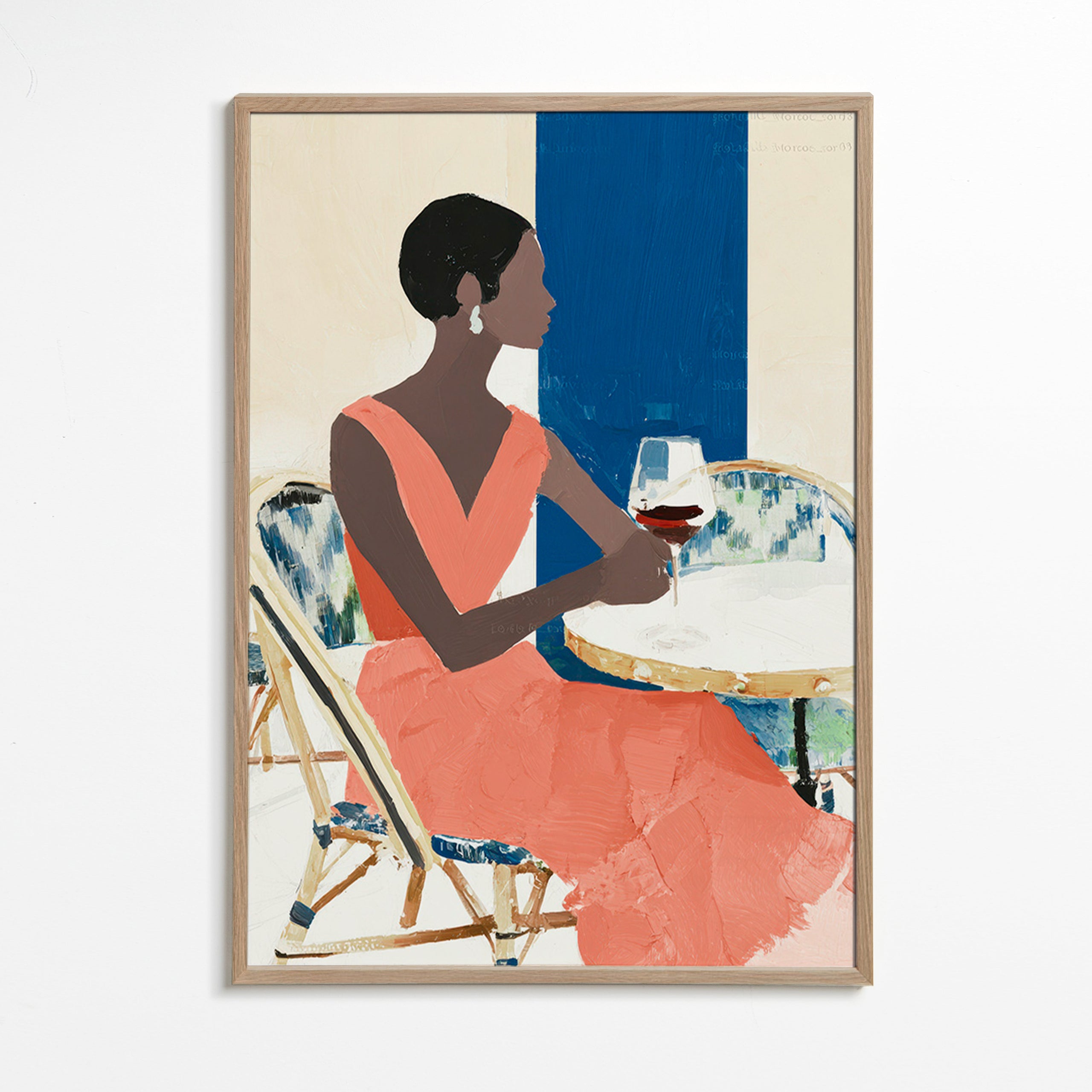 Cuadro de cocina con figura femenina y copa coral – Oak Frame