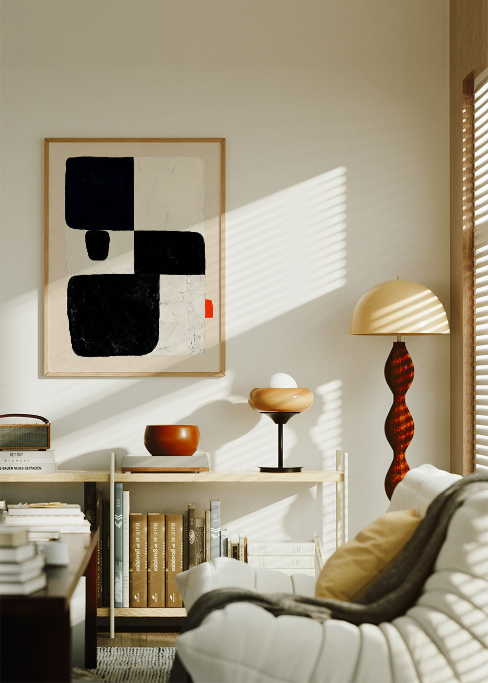 Cuadro geométrico con bloques negros y acento rojo – Product2