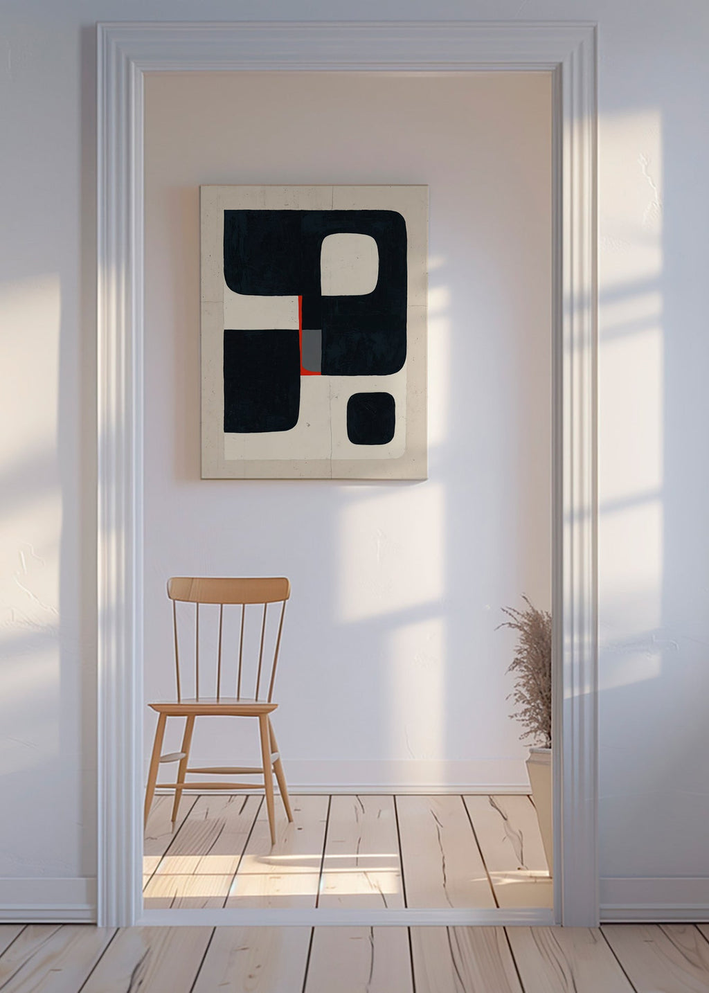 Cuadro geométrico con bloques negros y detalle rojo – Canvas