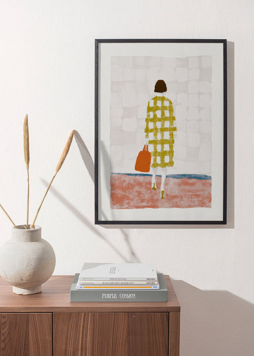 Ilustración de mujer de espaldas con abrigo a cuadros – Product1