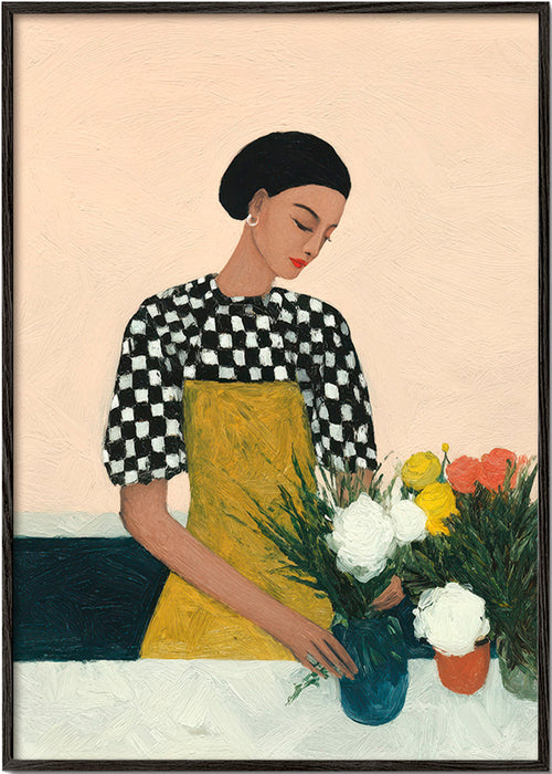 Lámina botánica: florista con ramo y delantal amarillo – Black Frame