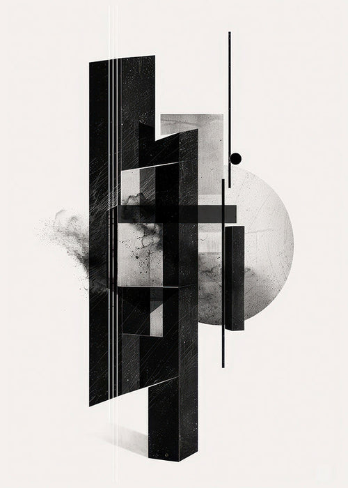 Cuadro en blanco y negro con monolitos geométricos