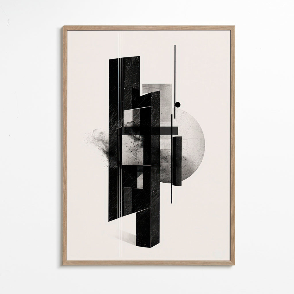 Cuadro en blanco y negro con monolitos geométricos – Oak Frame