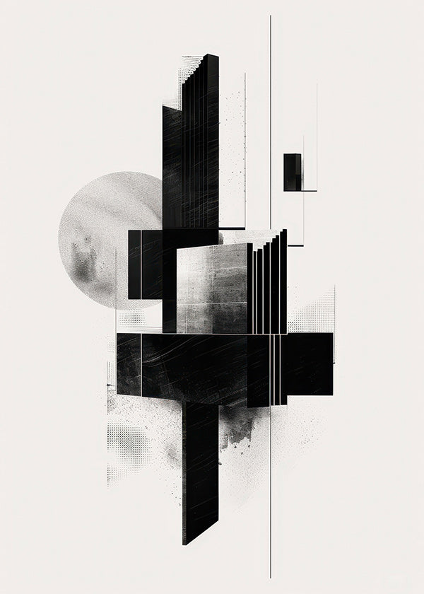 Cuadro geométrico en blanco y negro con formas arquitectónicas