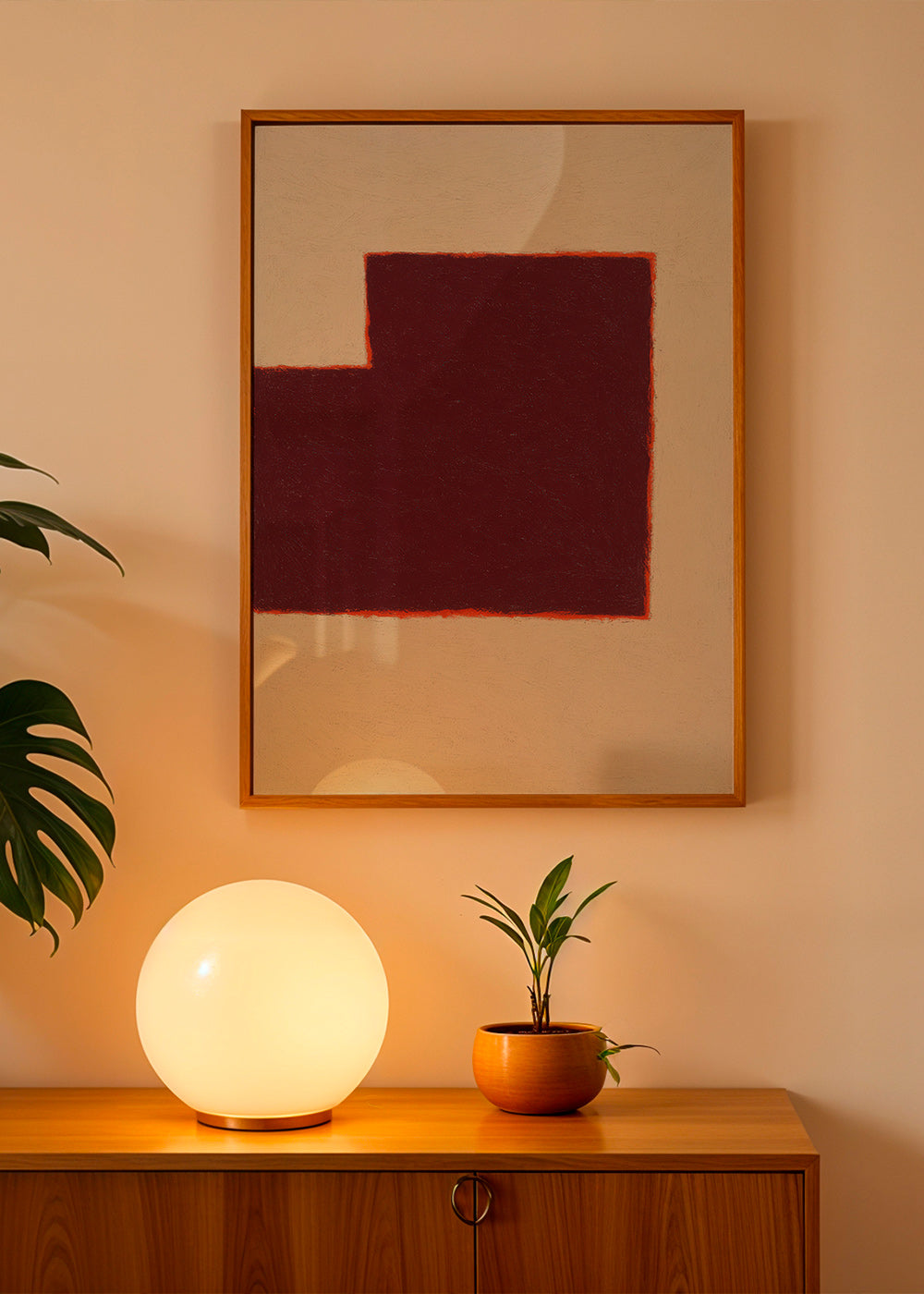 Cuadro abstracto burdeos con bloque geométrico – Product3